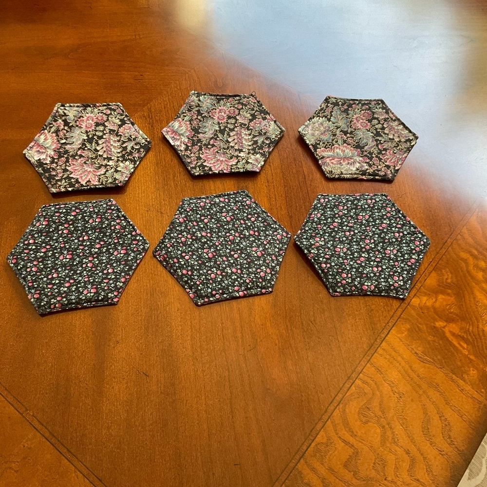 Hand Quilted Floral Hexagon Coasters Two Sided Designs, Set of Six, GORGEOUS NEW